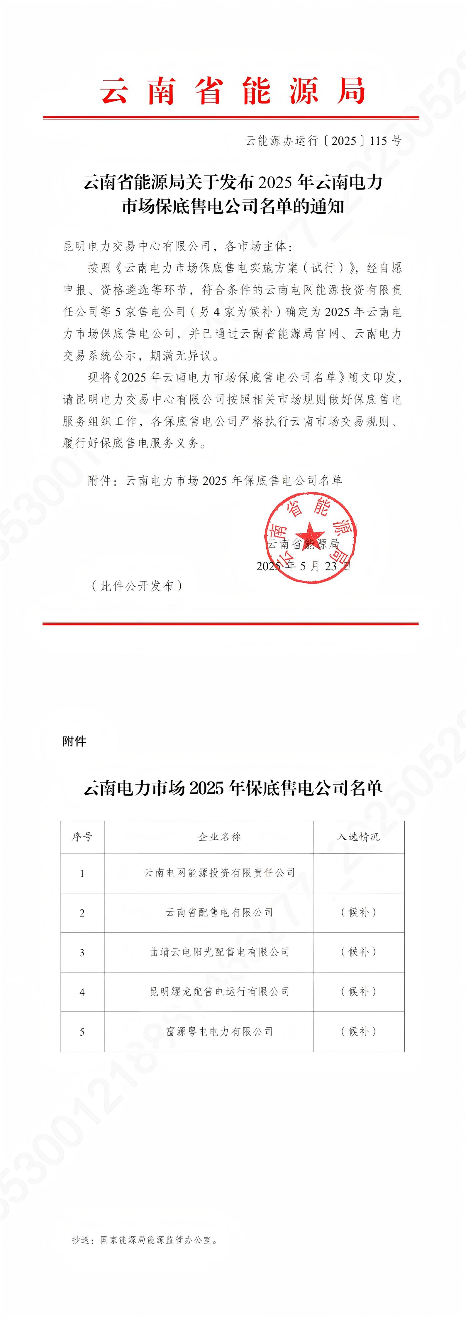 云能源辦運行〔2025〕115號-云南省能源局關于發布2025年云南電力市場保底售電公司名單的通知_00(1)